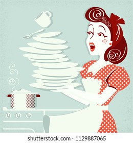 Portrait of clumsy attractive woman falling plates and dishes in her kitchen.Vector vintage illustration 