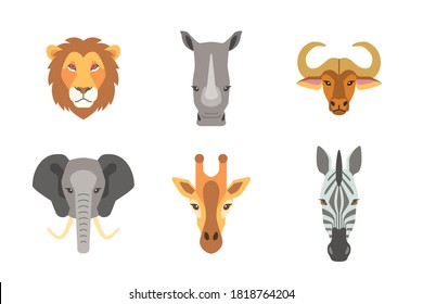 portrait collection of african wild animal isolated on white background flat vector illustration