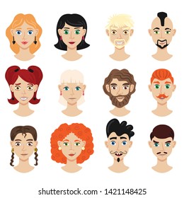 Portrait collection of male and female  characters with different hair color and hairstyle isolated cartoon vector illustration