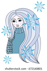 Portrait of a colorful beautiful girl with long hair and snowflake. Vector winter girl for card, invitation, posters, backgrounds, placards, banners.