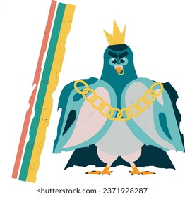 Portrait of a colorful blue stern pigeon with crown, chain and nose piercing. Vector illustration	