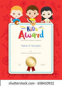 Portrait colorful kids award diploma certificate template in cartoon style with happy boy and girl