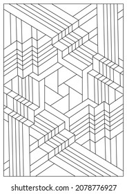 Portrait coloring pages for adults. Architectural Fantasy. Hexagonal abstract illustration in Line Art style. Geometric 3D composition. Black and white patterns. EPS8. Coloring-#379