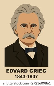 portrait of the composer Edvard Grieg in a classic costume. Vector style, date signature. The theme of classical music and history.