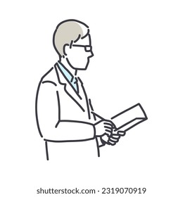 Portrait of concentrated scientist in white lab coat, looking at results sheets in the hands. Simple style outline flat vector illustrations. Medicine concept. Perfect for chemical app, social media.