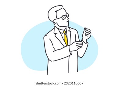 Portrait of concentrated scientist in white lab coat, looking at test results in the hands. Simple style outline flat vector illustrations. Medicine concept. Perfect for chemical app, social media.