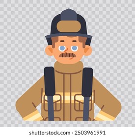 Retrato de bombero confiado sobre fondo transparente. Personaje masculino de Vector de dibujos animados