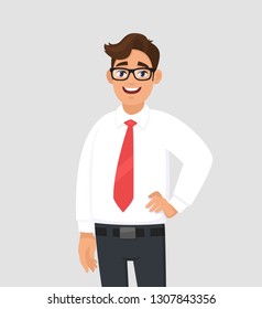 Portrait of confident handsome young businessman in white shirt and red tie, standing against gray/grey background. Human emotion and businessman concept illustration in vector cartoon flat style.