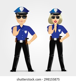 portrait of confident policeman and policewoman showing stop gesture 