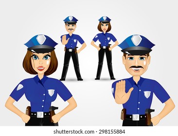 portrait of confident policeman showing stop gesture and policewoman with hands on hips 