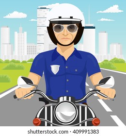 portrait of confident policeman with sunglasses riding motorcycle through the city streets