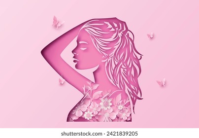 Portrait of confident woman with butterflies and flowers representing Women’s Day celebration.