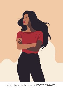 Retrato de una mujer afroamericana joven y segura de sí misma, en posición de pie. Mujer afro negra en ropa casual mirando hacia otro lado. Vector mujer atractiva sobre fondo beige. 