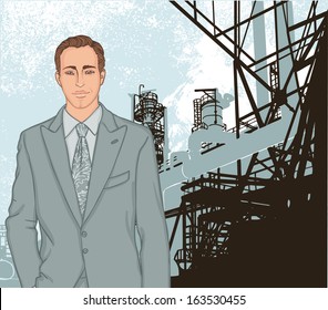 Portrait of confident young  supervisor standing standing in front of a factory and its chimneys. Vector illustration.