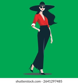 Portrait of confident young woman, in standing pose. woman in casual clothes looking away. Vector attractive woman on green background. 