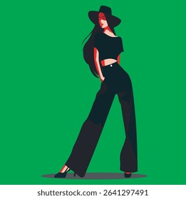 Portrait of confident young woman, in standing pose. woman in casual clothes looking away. Vector attractive woman on green background. 