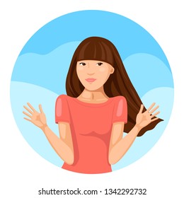 Portrait of a confused girl, face emotion. Young woman shrugging her shoulder and making an perplexity expression. Vector illustration.