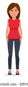 Portrait of confused young woman complaining. Vector flat cartoon design illustration isolated on white background.