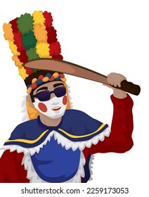 Portrait of Congo dancer with traditional attire and playing with fake machete during Barranquilla's Carnival.