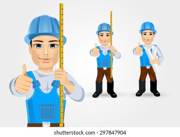 portrait of construction engineer worker builder with tape measure giving his thumbs up