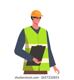 Porträt eines Bauarbeiters oder Ingenieurs mit einer Sicherheitsweste mit hoher Sichtbarkeit, einzeln auf weißem Hintergrund. Vektorgrafik Nicht AI generiert