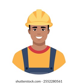 Portrait of a construction worker wearing a yellow hard hat and smiling confidently, ideal for labor, teamwork, and professional-themed projects and designs