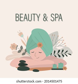 Portrait of contented and rested girl. Cute woman with towel after procedure in spa salon. Female character grooming herself. Concept of wellness, skincare and cosmetology. Flat vector illustration
