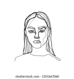 Portrait of a continuous line of woman in modern contemporary style. One line drawing face isolated on white background. Fashion beauty art of a girl or woman. 