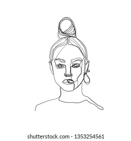 Portrait of a continuous line of woman in modern contemporary style. One line drawing face isolated on white background. Fashion beauty art of a girl or woman. 