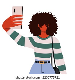 Portrait of cool cheerful afro american woman in casual clothes holding smart phone in hand shooting selfie on front camera  enjoying weekend vacation. Isolated on a white background.