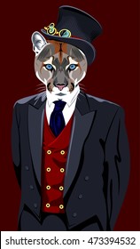 Portrait of a cougar in a man's suit and top hat