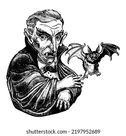 Portrait Of Count Dracula With Bat. Hand Drawn Illustration.