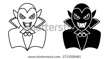 Portrait of Count Dracula icon. Fanged creature with a high collar and bowtie. Scary Halloween character face in line art and black silhouette style.