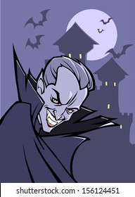 Portrait of count Dracula on the background of his castle