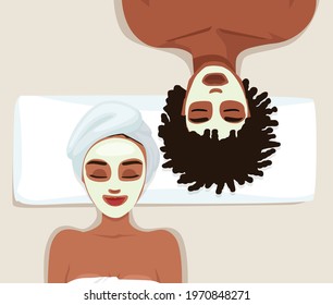 Portrait of couple with clay facial masks on their faces. Spa skin care treatment of girlfriends in bathrobe and headbands. Colored flat vector illustration isolated on white background