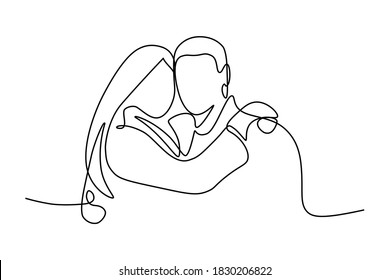 Retrato de pareja enamorada en estilo de dibujo de línea continua. Un hombre y una mujer amorosos se abrazan entre sí un dibujo lineal negro aislado en un fondo blanco. Ilustración del vector