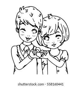 Portrait of  Couple love each other in many body language sign hand making heart shape drawing design  black
