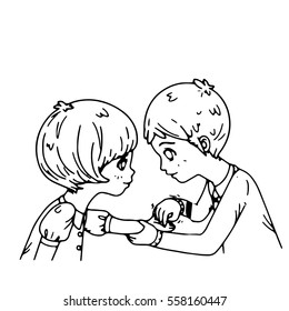 Portrait of  Couple love each other in many body language sign - writing on hand drawing design  black