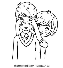 Portrait of  Couple love each other in many body language sign drawing design  black