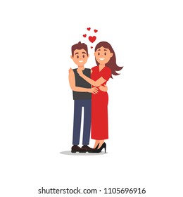 Portrait of couple in love. Guy hugging his girlfriend. Young woman in long red dress. Flat vector design