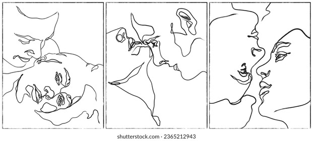 Retrato de pareja enamorada. Caras lineales de los amantes. Línea continua