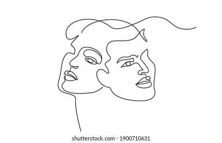Portrait couple man   woman in love kissing  Continuous One Line Art Drawing two faces  Valentines Day card  Vector illustration minimalistic style 