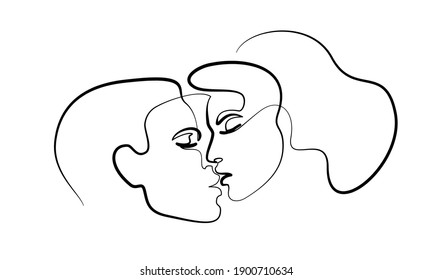Portrait of couple man and woman in love kissing. Continuous One Line Art Drawing of two faces. Valentines Day card. Vector illustration minimalistic style.