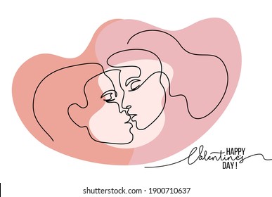 Portrait of couple man and woman in love kissing. Continuous One Line Art Drawing of two faces with color spots heart shaped. Valentines Day card. Vector illustration minimalistic style.