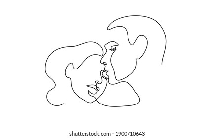 Portrait of couple man and woman in love kissing. Continuous One Line Art Drawing of two faces. Valentines Day card. Vector illustration minimalistic style.