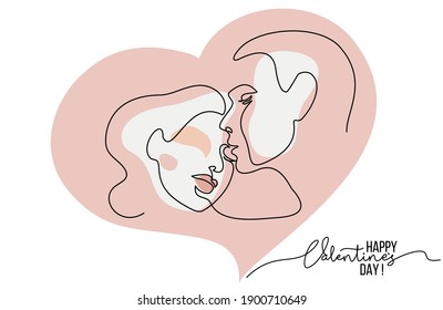 Portrait of couple man and woman in love kissing. Continuous One Line Art Drawing of two faces with color spots heart shaped. Valentines Day card. Vector illustration minimalistic style.