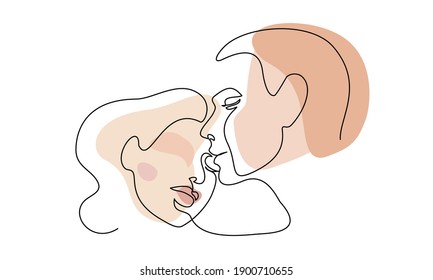 Portrait of couple man and woman in love kissing. Continuous One Line Art Drawing of two faces with color spots. Valentines Day card. Vector illustration minimalistic style.