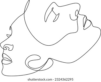 Portrait of couple man and woman in love kissing. Continuous One Line Art Drawing of two faces. Valentines Day card. Vector illustration minimalistic style.