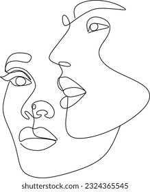 Portrait of couple man and woman in love kissing. Continuous One Line Art Drawing of two faces. Valentines Day card. Vector illustration minimalistic style.