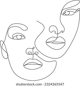 Portrait of couple man and woman in love kissing. Continuous One Line Art Drawing of two faces. Valentines Day card. Vector illustration minimalistic style.